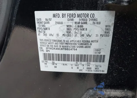 2007 Ford Edge Sel Plus z USA, uszkodzony, nr VIN 2FMDK49C87BB24764